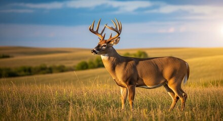 Majestic buck deer in golden field at sunset