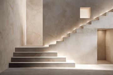 Illuminated Stone Staircase: Modern minimalist architecture, highlighting clean lines and neutral tones.