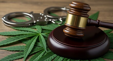 Legalization of Cannabis Concept: Wooden Gavel, Handcuffs, and Marijuana Leaves on Wooden Background Representing the Law and Drug Enforcement