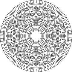 Intricate mandala artwork, detailed circular pattern, symmetrical floral design, ethnic decorative motif, geometric line art, traditional style, vector coloring page, flat vector illustration