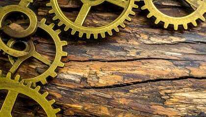 A collection of vintage brass gears and interlocking cogs on a rustic, weathered wood background, symbolizing teamwork, mechanics, and industry