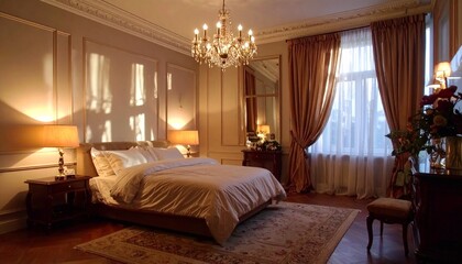 Elegant master bedroom interior with classic furniture and decor, illuminated by the warm, cozy glow of a chandelier and bedside lamps in the evening