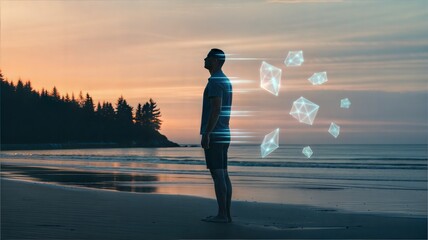 Man on beach dissolving into geometric shapes at sunset.