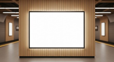 Blank Backlit Billboard Mockup on a Wooden Wall in a Modern Subway Station Platform.