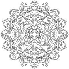 Beautiful floral mandala design, detailed circular pattern, hand-drawn abstract artwork, black and white line art, flat vector illustration.