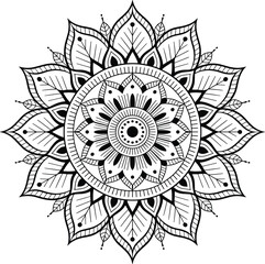 Mandala line art design for coloring book, tattoo, meditation, decorative use, black and white flat vector illustration artwork.