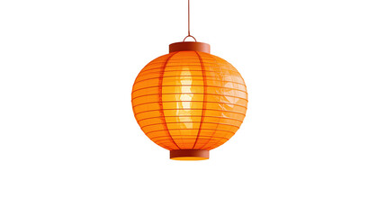 Fototapeta premium Glowing Orange Paper Lantern with Ribbed Texture Hanging on Red String isolated on transparent background