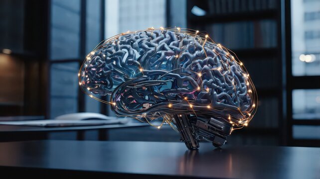 A glowing brain model with digital connections on a dark office desk - Powered by Adobe