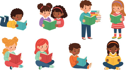 Cartoon children reading books, diverse kids in different poses, sitting, lying down, and standing with colorful books.