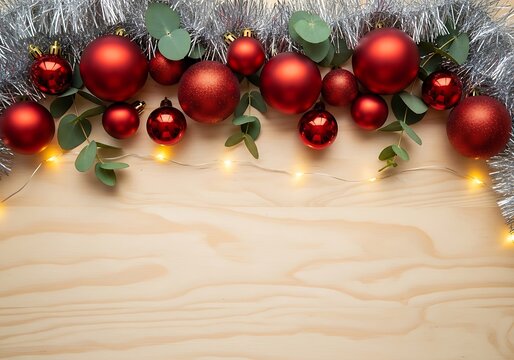 Festive red baubles and silver tinsel adorn a warm wooden surface with sparkling fairy lights - Powered by Adobe