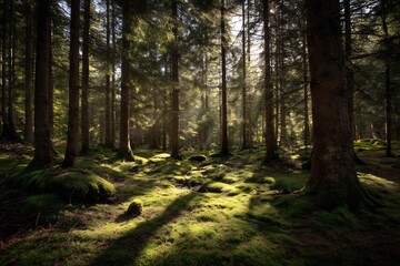 Fototapeta premium Birds darting through sunbeams a forest of tall pine trees warm light casting long shadows on the moss covered floor
