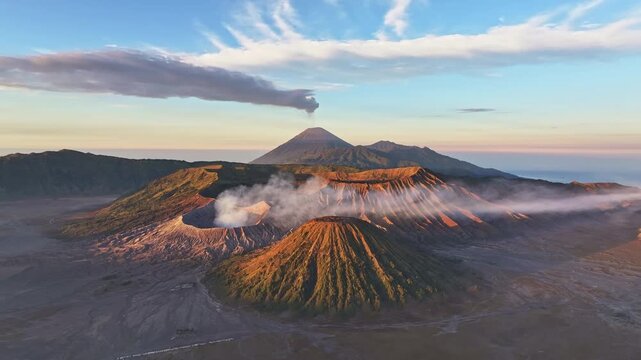Aerial drone fly orbit around  Bromo volcano crater, Indonesia