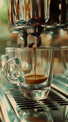 Parzenie espresso w podwójnej szklance, kawa o złotej cremie. Profesjonalny ekspres do kawy w ciepłym oświetleniu. © Silent26