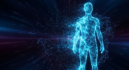 Abstract glowing blue human body made of digital particles and light