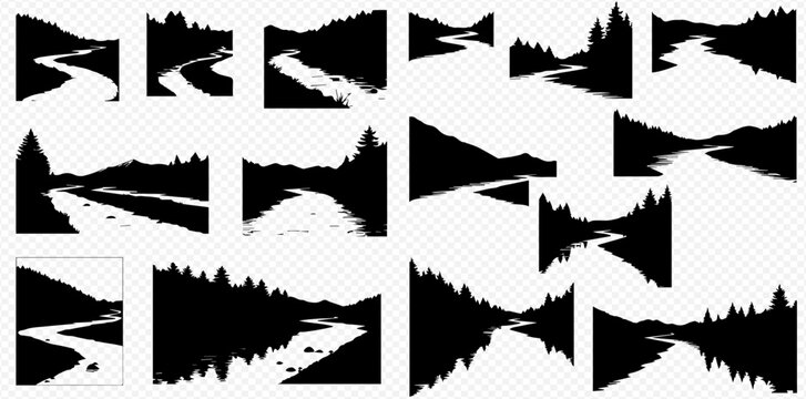 Collection of black and white river silhouettes, varying in style and perspective.