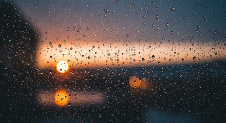 Raindrops on glass with blurred lights and a sunset or sunrise in the background, creating a moody atmosphere.