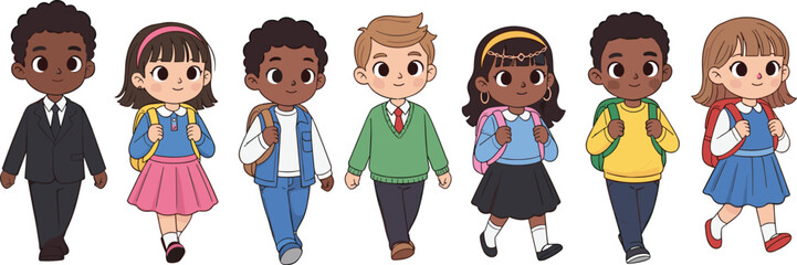 Cartoon children walking to school, diverse kids in colorful outfits with backpacks, smiling and happy, cute school kids.