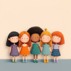Cute cartoon girls holding hands, diversity and friendship illustration