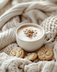 Kubek z kawą posypaną orzechami, ustawiony na beżowym dzianym kocu obok trzech ciasteczek. Całość tworzy przytulną, domową kompozycję.