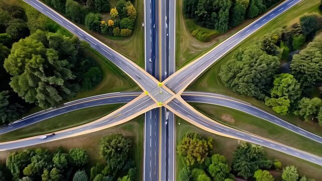 Aerial view of a highway interchange with multiple overpasses surrounded by green trees.