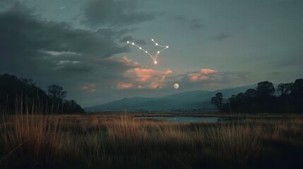Soft Moonlight Over Flowing Field with Cancer Zodiac Constellation