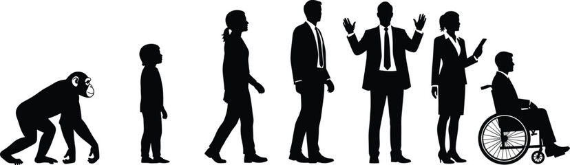 Human evolution concept, life progression stages, black silhouette vector, age diversity illustration, professional development theme, wheelchair inclusion,