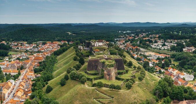 drone view of the Bitche Citadel and town in the Moselle department of France