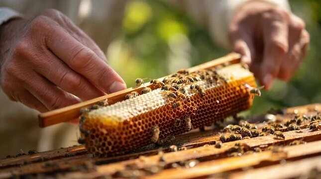 Close-up of a beekeeper&rsquo;s hands inspecting a honeycomb frame as bees buzz around, highlighting careful craftsmanship, pollination, and sustainable beekeeping in action.
