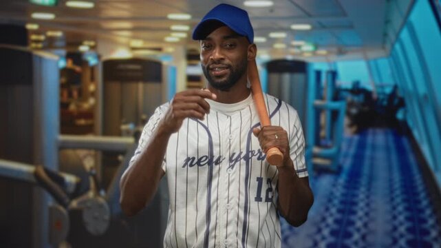 Man smiling holding baseball bat over shoulder in gymnasium wearing baseball jersey and cap; teamwork confidence.