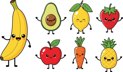 Cartoon fruits and vegetables with cute faces, smiling banana, avocado, lemon, apple, strawberry, carrot, and pineapple.