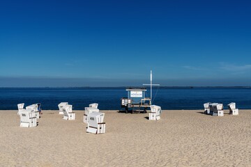 beach baskets and lifeguard station in Hornum on Sylt Island in the German Wadden Sea