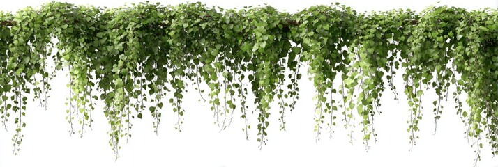 Hanging greenery cascades in a horizontal arrangement against a white background.  Dense clusters of foliage, small leaves, and cascading stems.  Fresh, lush, and vibrant greenery