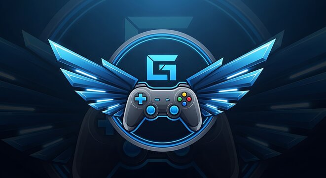 Futuristic gaming logo featuring a sleek controller and vibrant blue geometric wings symbolizing victory and competitive spirit
