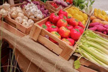 Fresh Fruits and vegetables at a farmer market,raw fruits,nutrition,organic,healthy eating or shopping in a grocery store.
