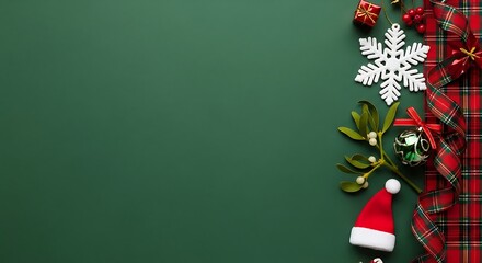 Festive Christmas decorations with tartan ribbon, snowflake, mistletoe, and Santa hat on green background