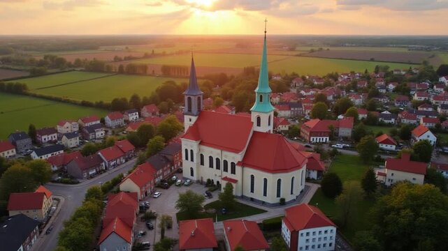 Aerial view of European town with colorful buildings and church at sunset. Suburban landscape with red roofed houses in small city surrounded