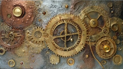 Intricate Steampunk Panel with Cracked Brass Gears and Accents