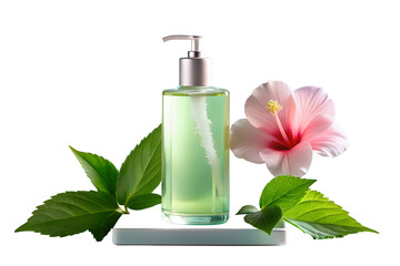 A refreshing green liquid soap in a transparent bottle with a dispenser, surrounded by lush green leaves and a delicate pink hibiscus flower on a clean white background