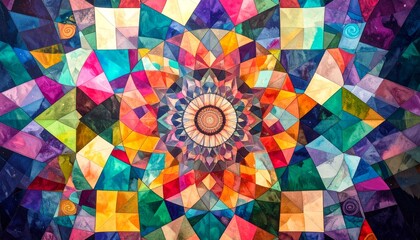 Vibrant kaleidoscopic mandala pattern with a glowing center, an abstract explosion of colorful geometric shapes and light