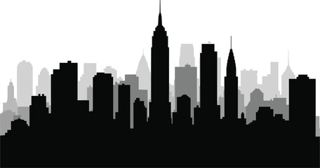 Naklejka premium Flat vector illustration of New York City skyline silhouette, featuring Empire State Building, Chrysler Building, skyscrapers, urban cityscape, iconic landmarks, layered black and gray design