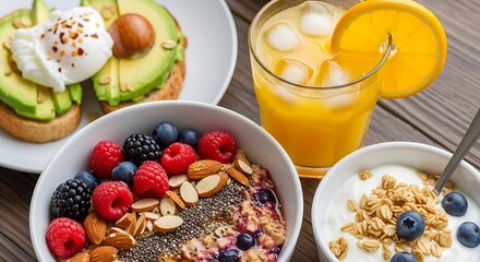 Delicious and vibrant breakfast spread with avocado toast, oatmeal, yogurt, fresh berries, and orange juice for healthy eating