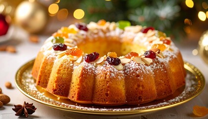 Traditional ring cake with cream filling and sprinkled with candied fruit, almonds and sugar, served on a sparkling gold plate