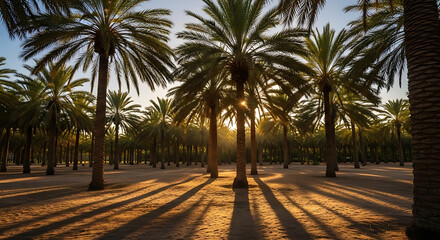 A scenic view of a palm tree grove with sunlight streaming through the fronds and casting shadows ai generated