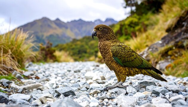 Kakapo perched on a gravel path, mountain backdrop