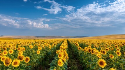Obraz premium Sunflower Field Stretching to Horizon Under Bright Blue Sky