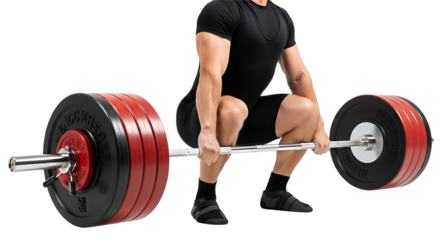 Man performing a deadlift with a loaded barbell in a gym