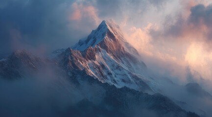 Majestic snow-capped mountain peak, bathed in soft light, rises above a misty landscape