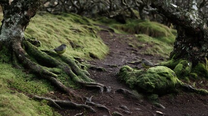 Birds exploring mossy forest floors beside winding tree roots surrounded damp earth and natural woodland textures