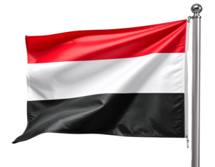 A Yemen Flag on Silver Pole with Glossy Metallic Finish, Angled Side View, Isolated on Transparent Background