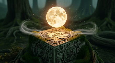 Mystical moon illuminating ancient stone box in enchanted forest, evoking magic, mystery, and fantasy for creative projects